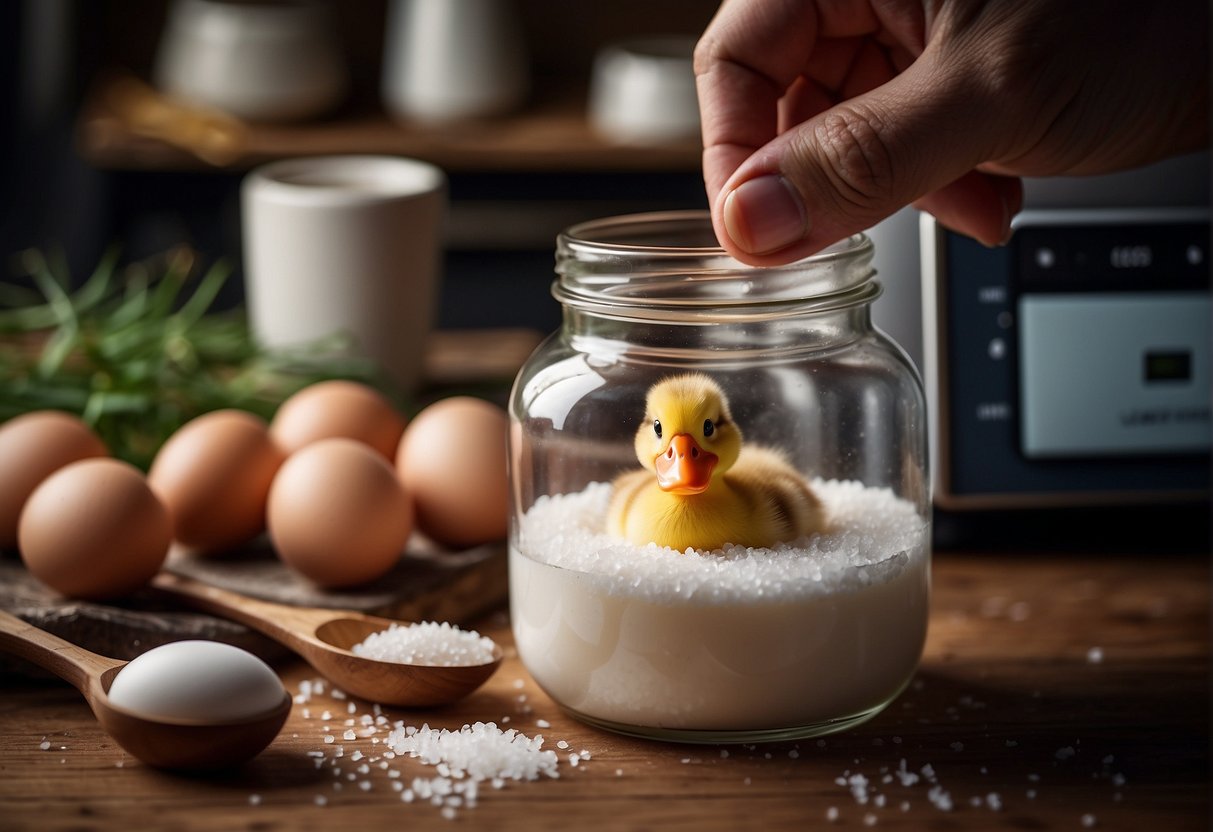 A hand mixing duck eggs with salt and packing them in a jar