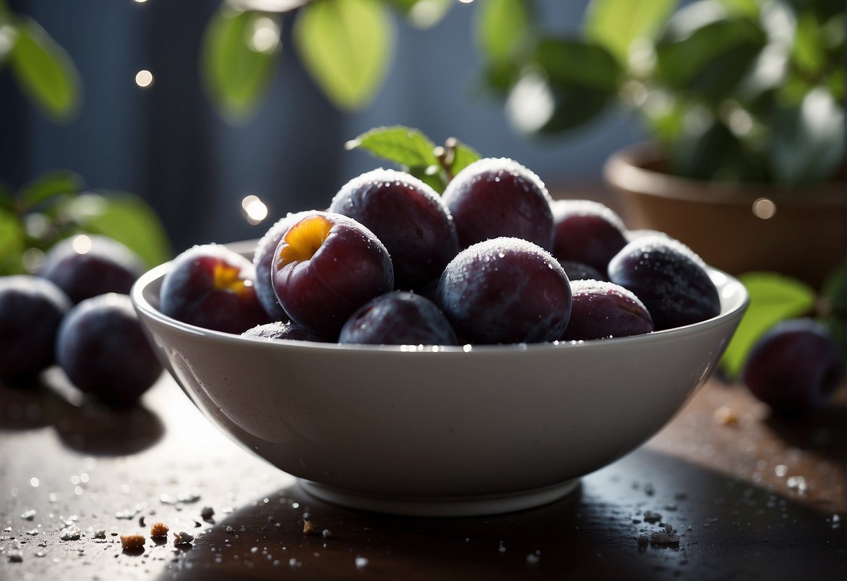 A bowl of ripe plums being soaked in a mixture of salt and sugar, with a hint of sourness in the air