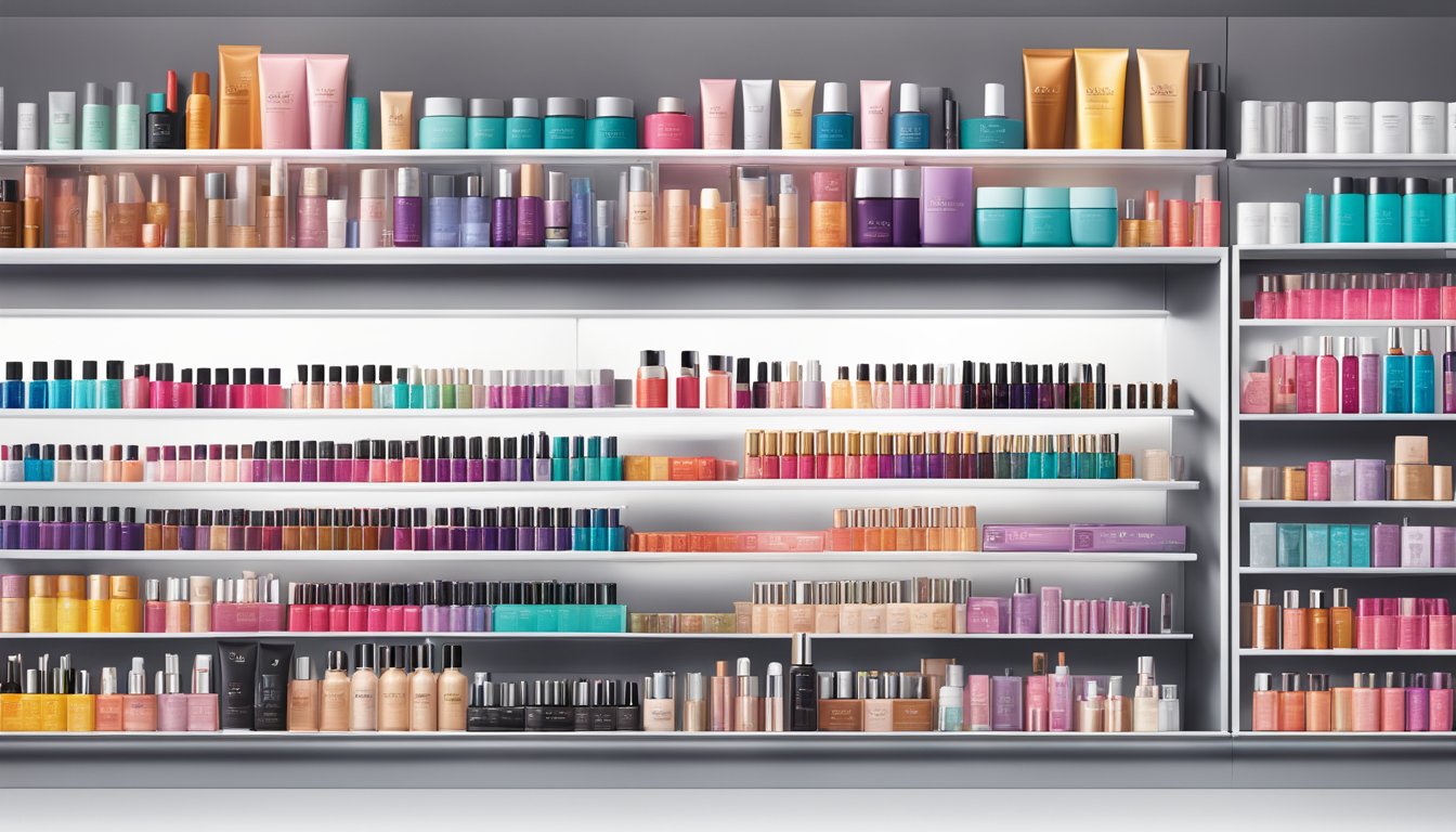 A lineup of L'Oréal brand products displayed on sleek, modern shelves with bold branding and vibrant colors