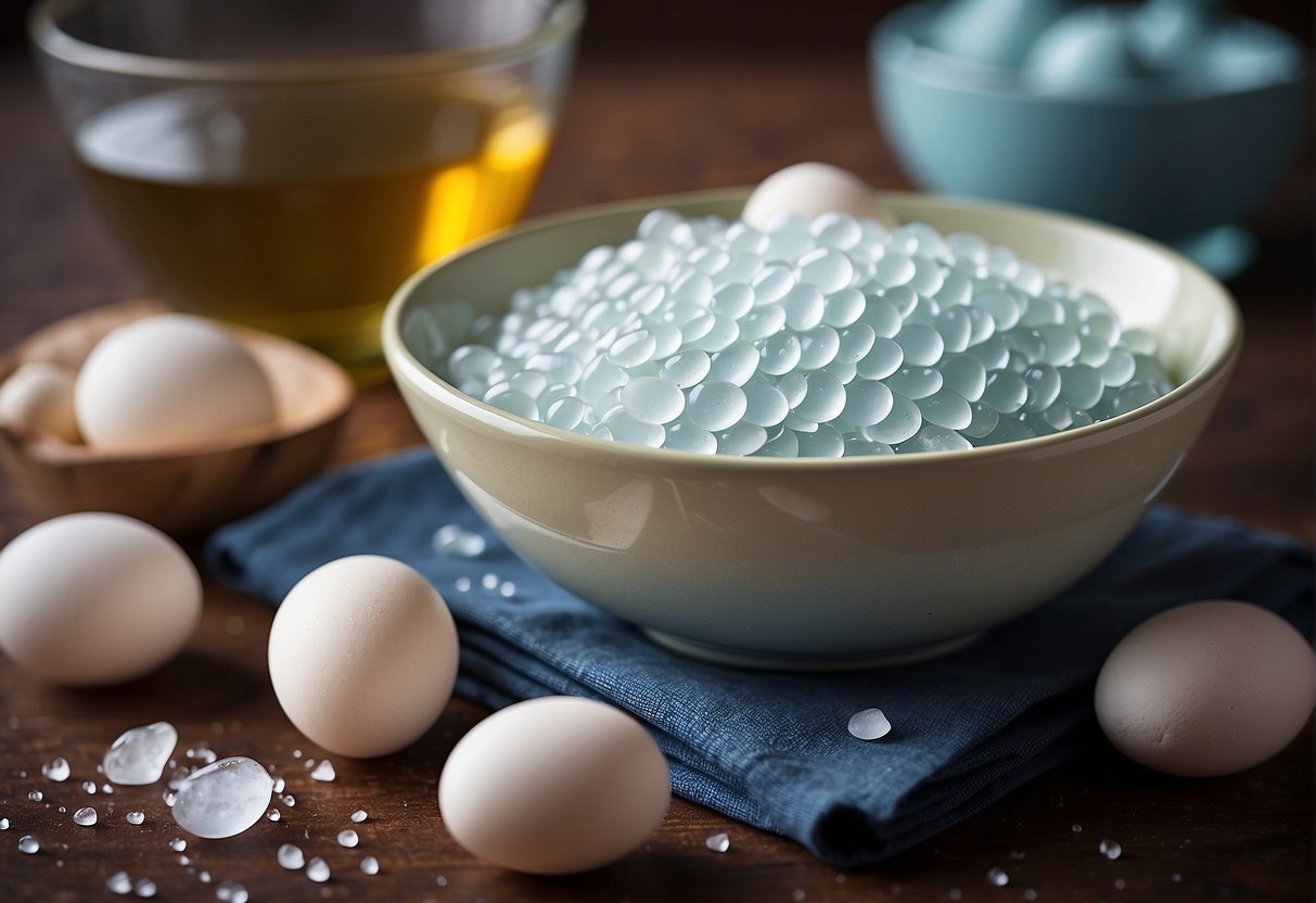 A bowl of water with salt and lye, next to a pile of duck eggs