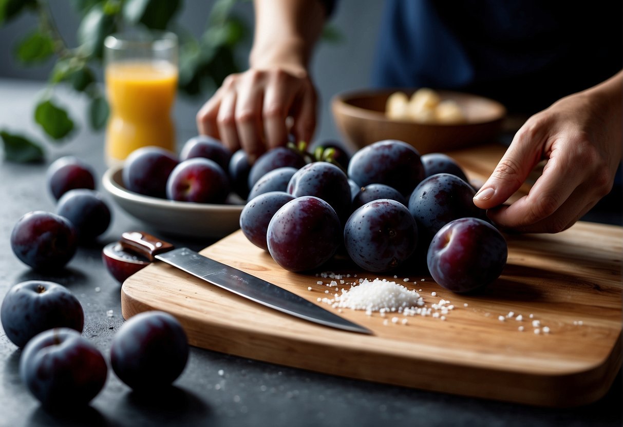 A hand reaches for ripe plums, a bowl of salt, and a cutting board with a knife