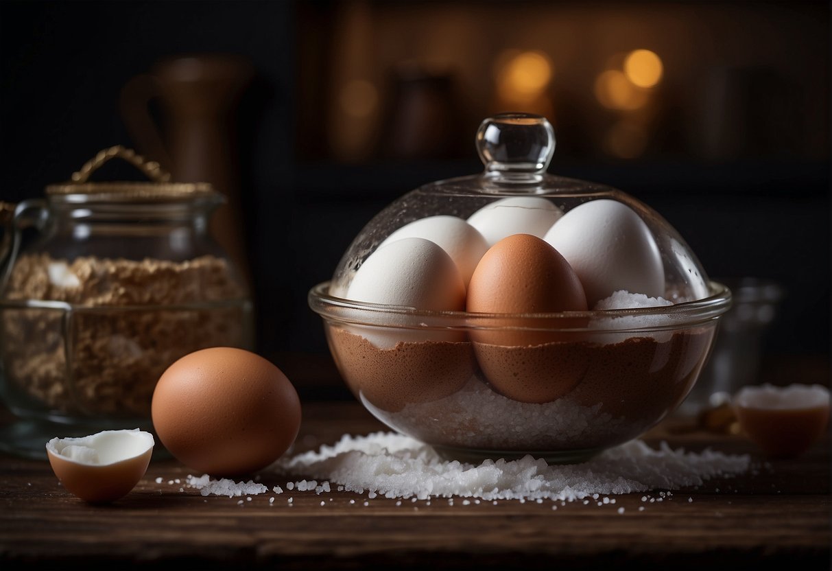 Eggs submerged in a mixture of salt, clay, and water in a container. The container is placed in a cool, dark area for 30 days