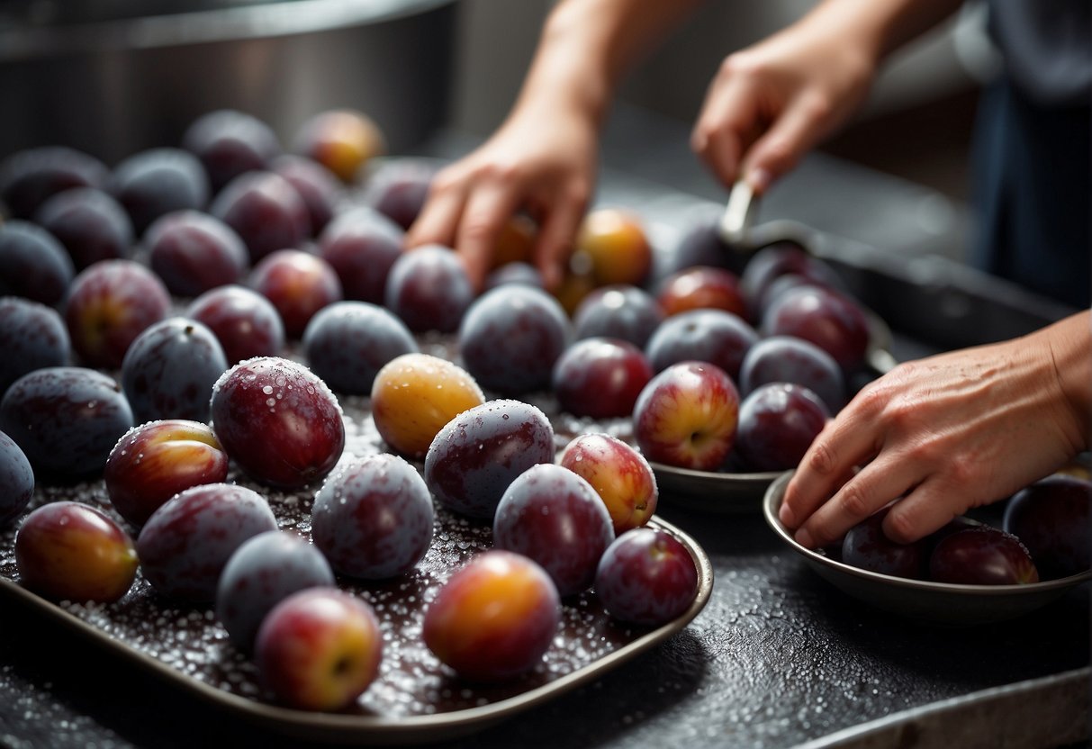 Plums being washed, dried, and cut. Then dipped in salt and sugar mixture. Lastly, arranged on trays to dry