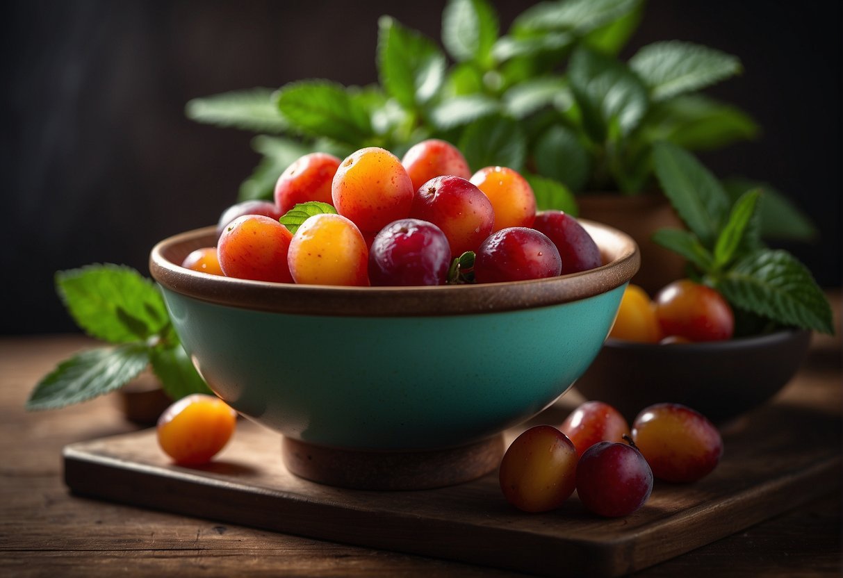 A bowl of Chinese salted plums surrounded by fresh mint leaves and a small dish of chili powder, ready to be enjoyed as a tangy and spicy snack