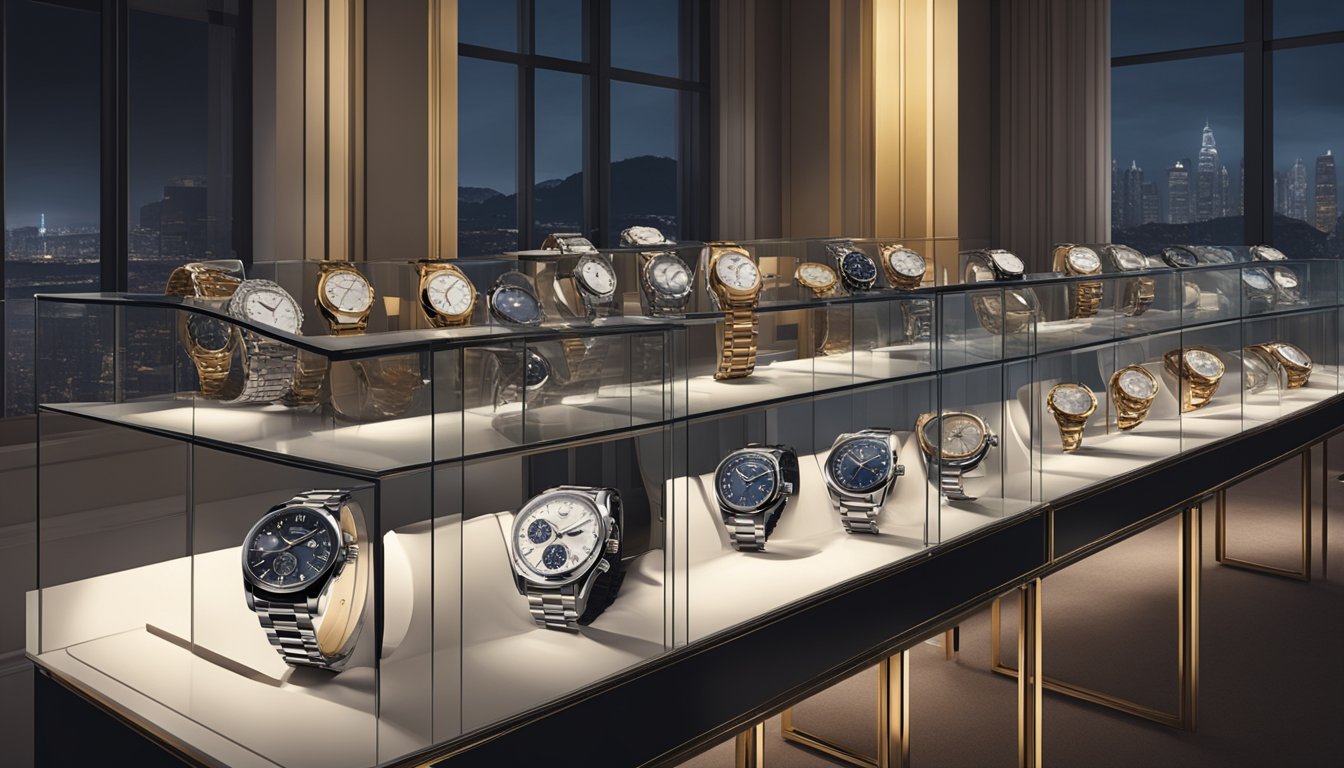 A display of luxury watch brands in a dimly lit corner, showcasing exquisite timepieces from renowned Singaporean watch collectors