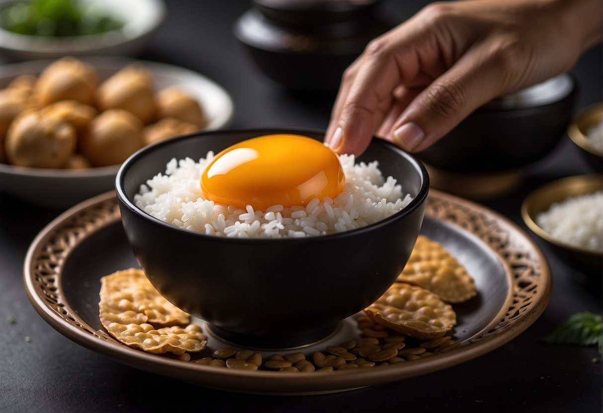 A hand holding a salted egg, a bowl of soy sauce, and a plate of cooked rice