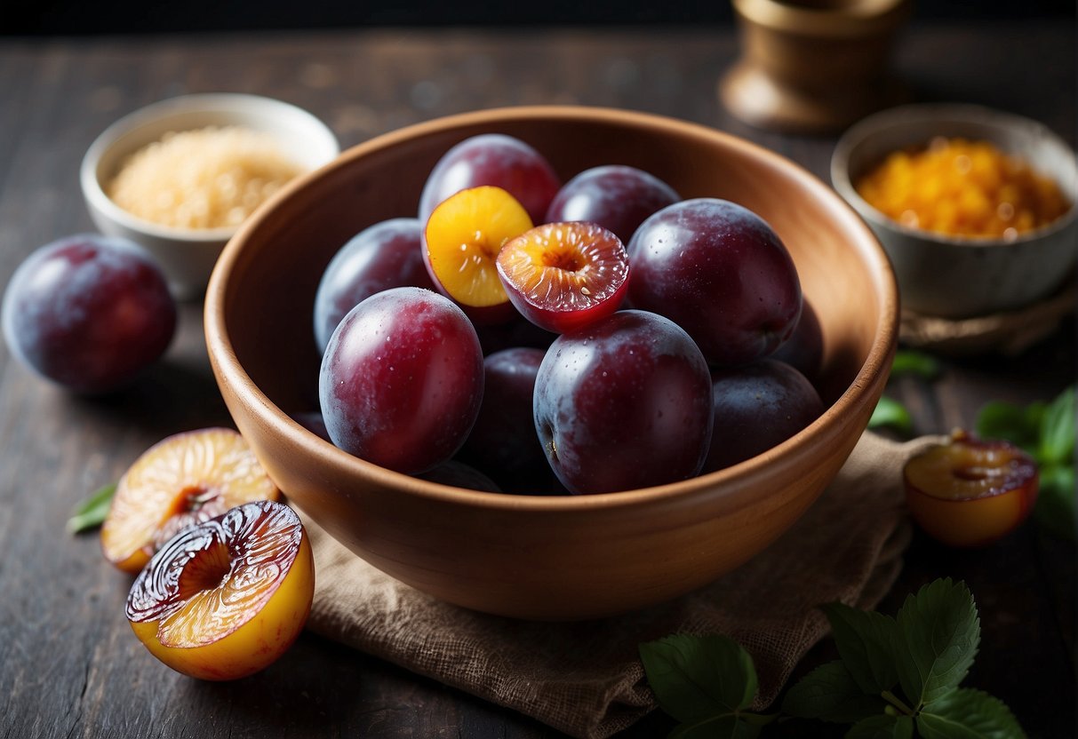 A bowl of Chinese salted plums surrounded by fresh ingredients like plums, salt, and sugar. A recipe book open to the page with the health benefits and nutritional information