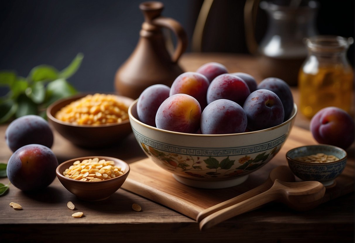 A bowl of Chinese salted plums surrounded by ingredients and utensils on a kitchen counter