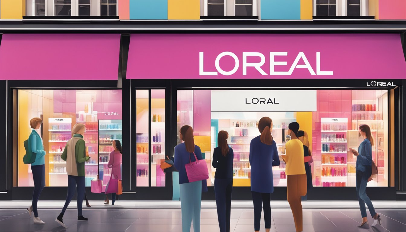 L'Oréal brand logos displayed in a vibrant store window, surrounded by engaged consumers interacting with product samples and promotional materials
