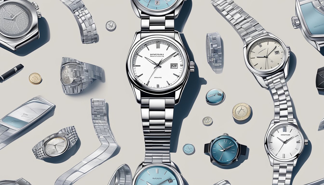 A sleek, modern watch displayed on a clean, minimalist surface, surrounded by luxury brand logos