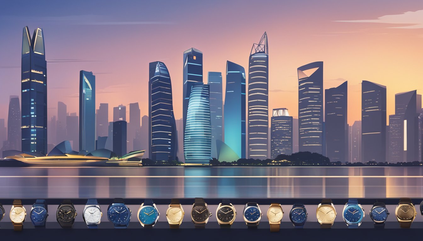 A display of various watch brands' logos against a backdrop of Singapore's iconic skyline at dusk