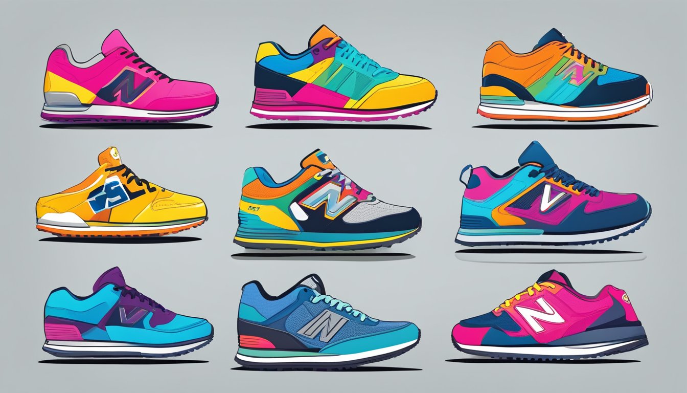 Brightly colored sneakers arranged in a display, with logos and designs prominently featured