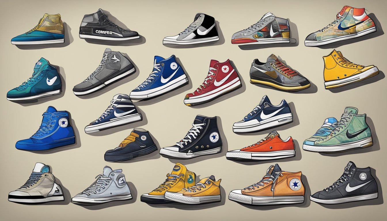 A timeline of iconic sneaker logos, from Converse to Nike, displayed on a wall with a backdrop of vintage sneaker advertisements