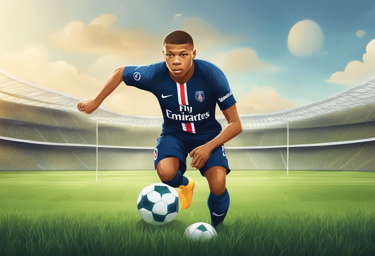 Mbappe's jersey, cleats, and soccer ball on a grass field