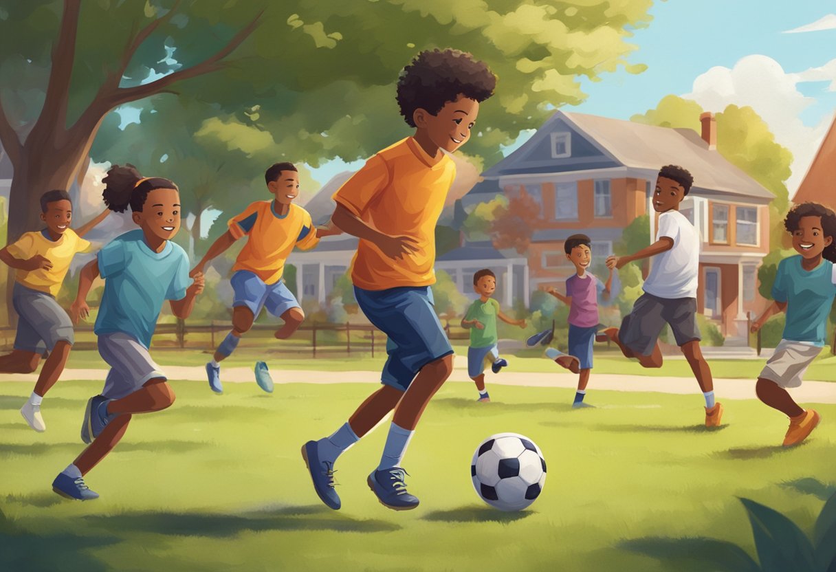 A young boy kicking a soccer ball in a neighborhood park, surrounded by friends cheering him on