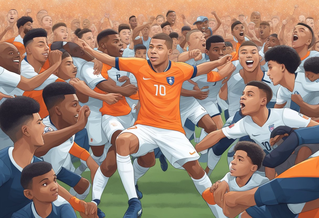Mbappe's journey to professional football: a young player rising to stardom, surrounded by teammates, coaches, and fans