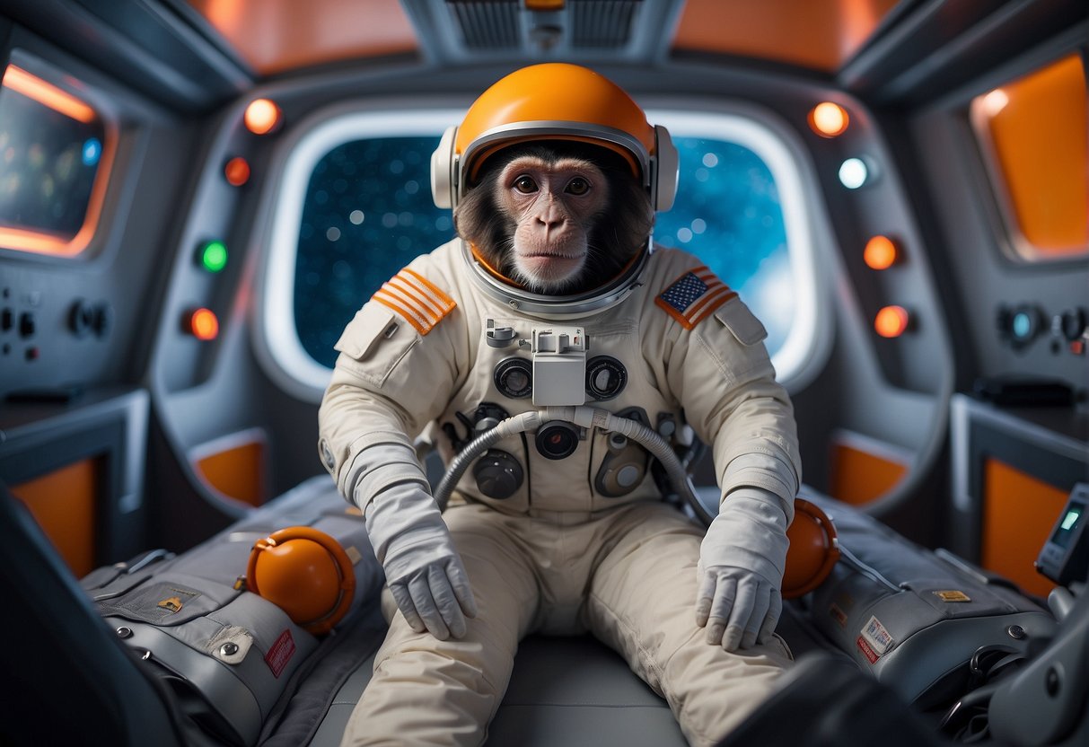 A Vivint space monkey floats in zero gravity, surrounded by colorful equipment and futuristic technology