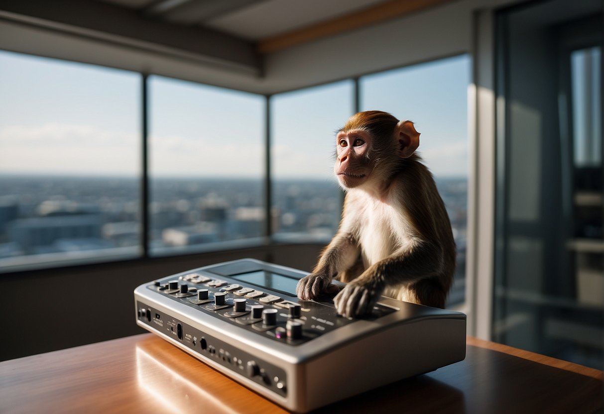 Vivint Space Monkey sits on a metallic platform, with a control panel in front and a large window behind, revealing the vastness of space