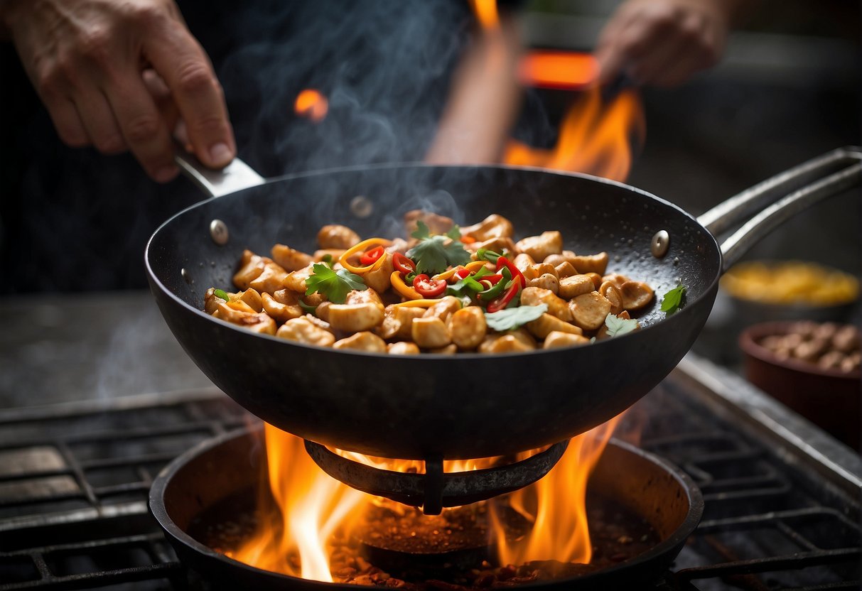 A wok sizzles with garlic, ginger, and chili, as soy sauce, peanut butter, and sugar are added, creating a rich and aromatic Chinese satay sauce