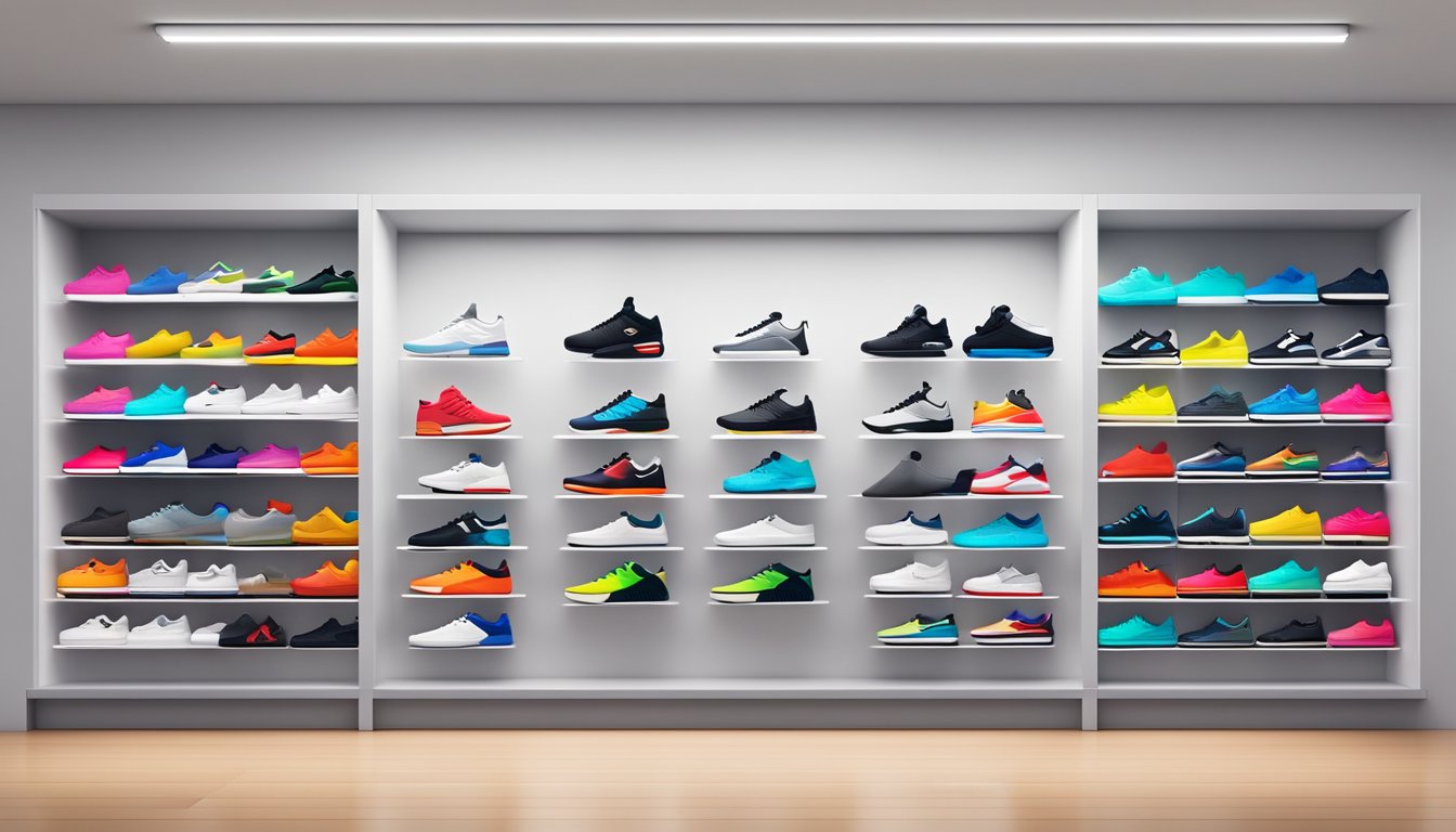 Various leading sneaker brands displayed on shelves in a modern, well-lit store. Bright, colorful logos and designs stand out against the clean, minimalist backdrop