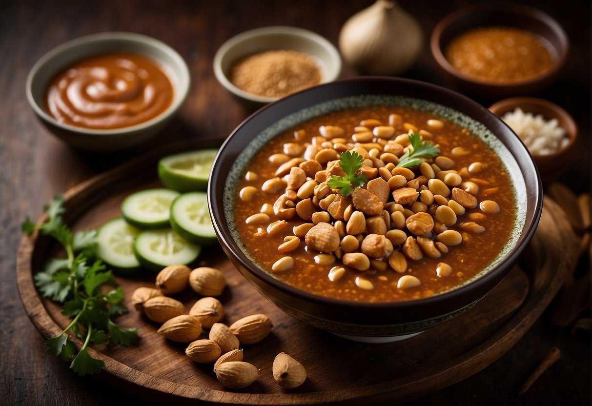 A bowl of satay sauce surrounded by ingredients like peanuts, soy sauce, garlic, and chili. Potential substitutes like almond butter and tamari are also displayed