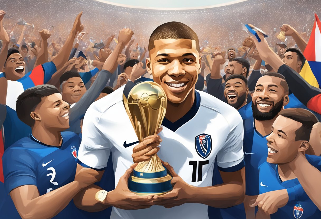 Mbappe in national team jersey, surrounded by cheering fans, holding trophy