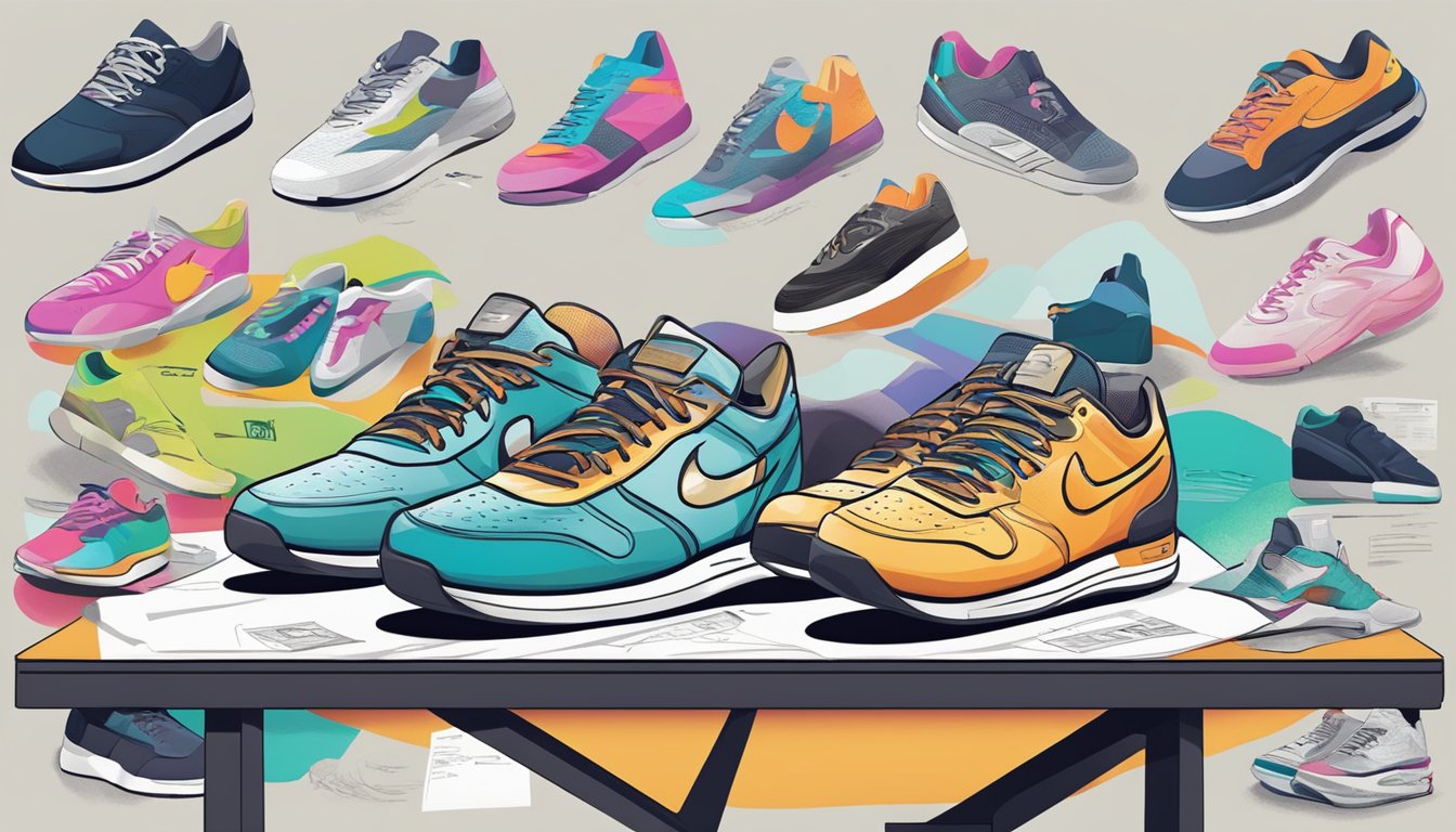 A table with various sneaker designs and brand logos, surrounded by sketches and color swatches for innovation