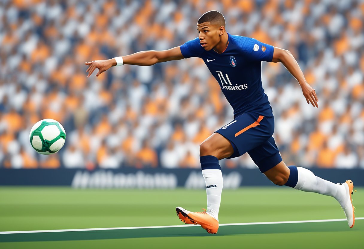 Mbappe's dynamic playing style: swift movements, explosive speed, and precise ball control. Attributes include agility, strength, and quick decision-making