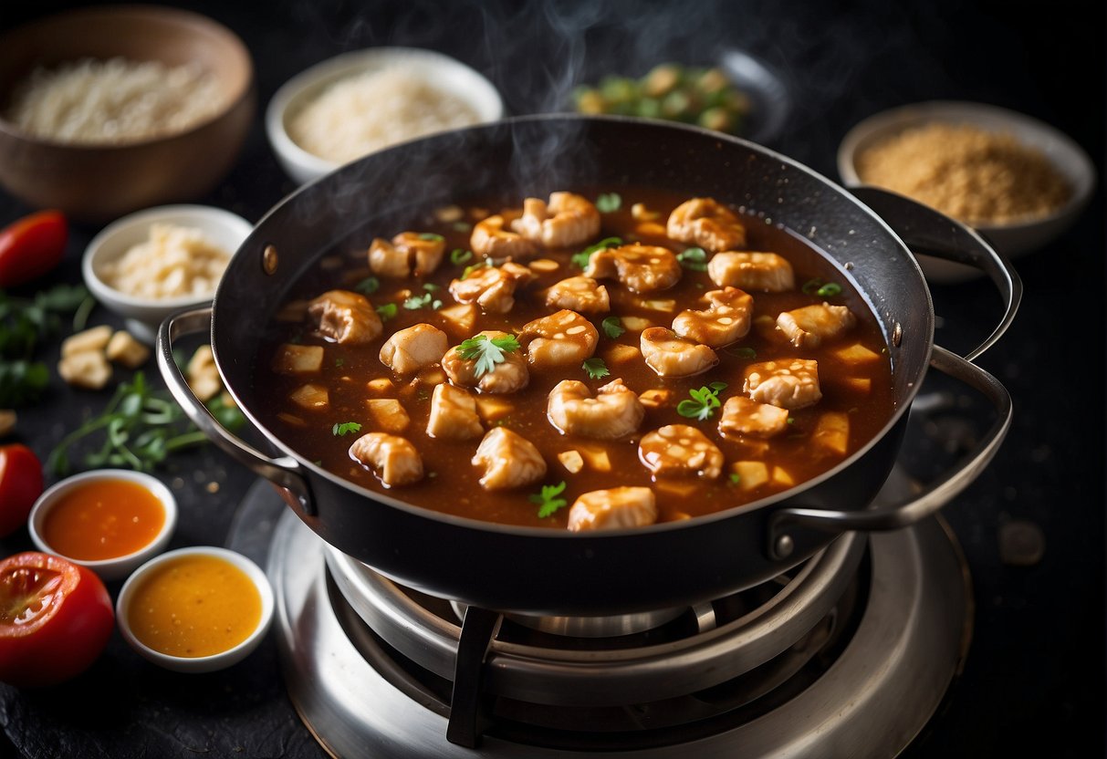 A pot simmers on a stove with ingredients for Chinese satay sauce: soy sauce, peanut butter, garlic, ginger, and spices