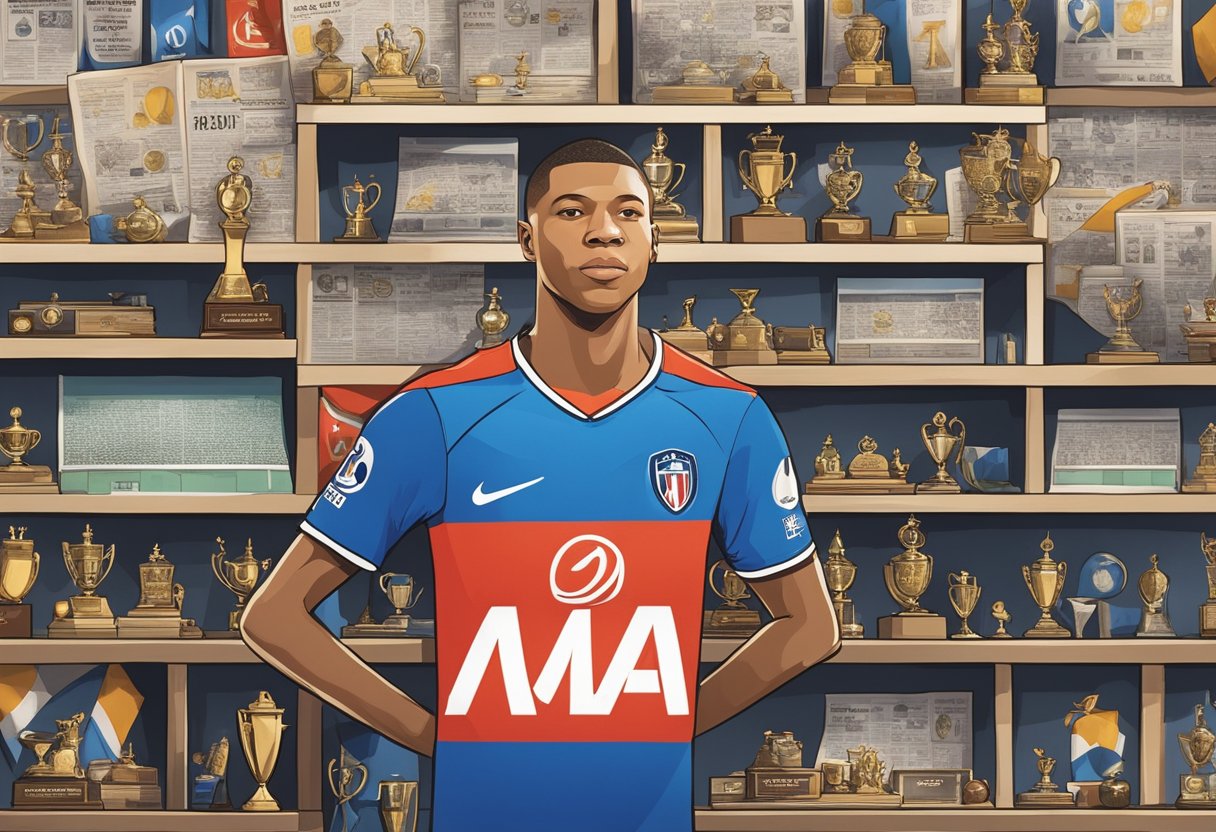 Mbappe's trophies and awards displayed on a shelf. Newspaper headlines praising his achievements. Photos capturing his memorable moments on the field