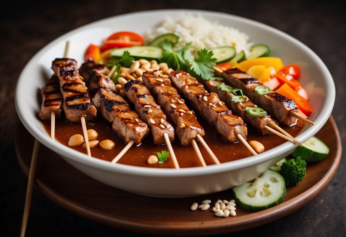 A bowl of Chinese satay sauce surrounded by skewers of grilled meats and vegetables, with a side of steamed rice and a sprinkle of chopped peanuts