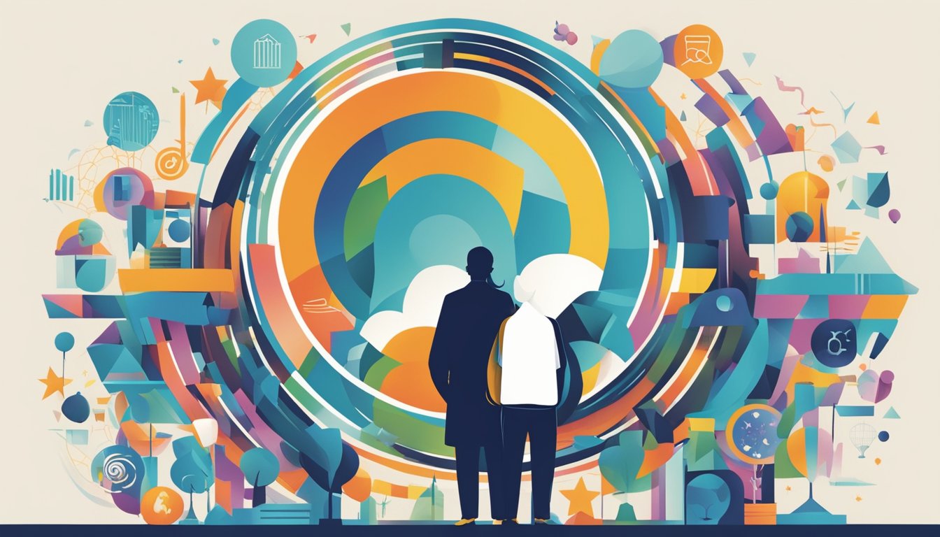 A person's silhouette stands confidently in front of a bold, modern logo, surrounded by symbols representing their values and strengths