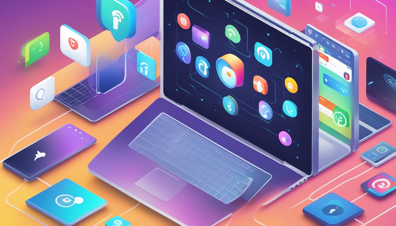A laptop with a social media profile open, surrounded by icons of various online platforms and a glowing wifi signal