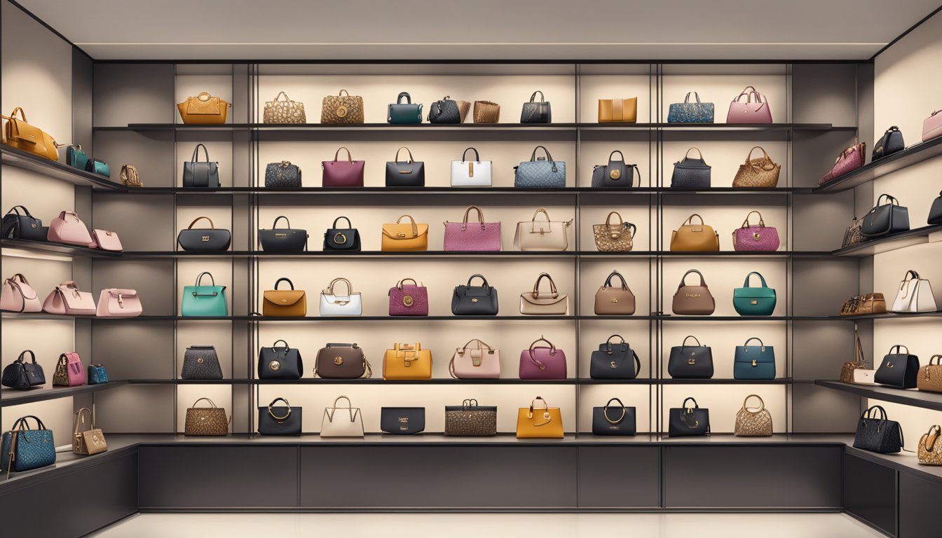 A display of luxurious women's handbags, each adorned with prominent brand logos, arranged on a sleek, minimalist shelf