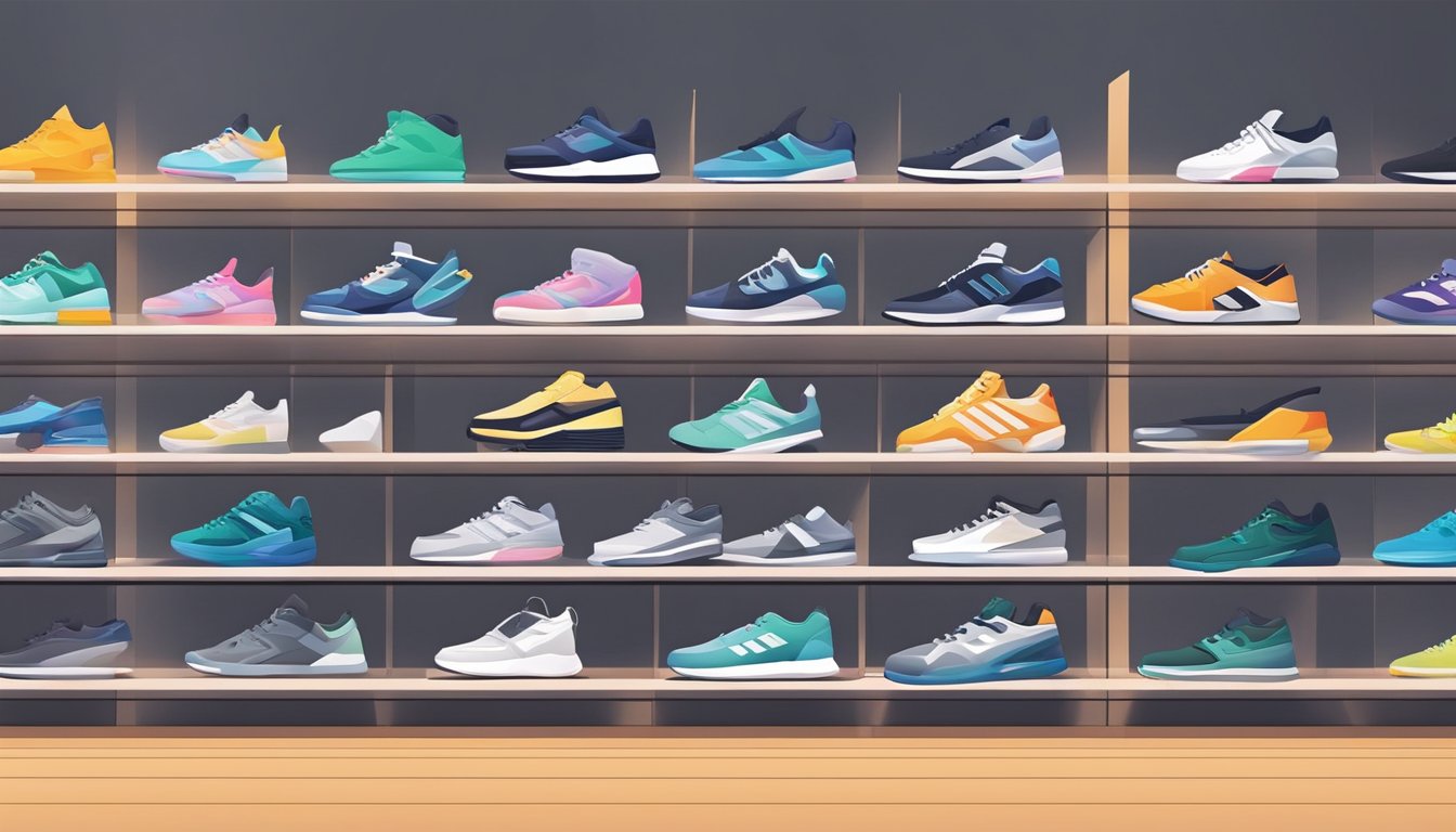 A display of various sneaker brands arranged on shelves, with bright lighting and a clean, modern aesthetic