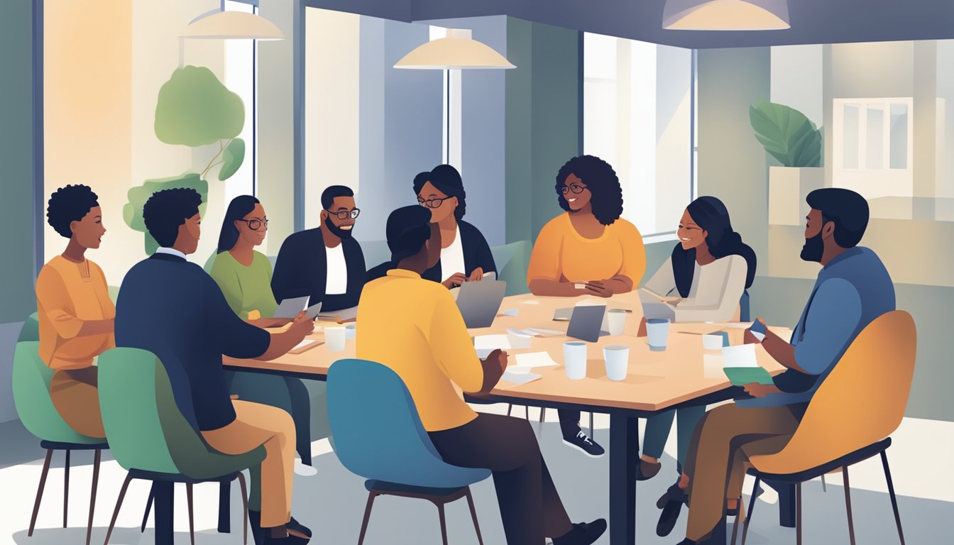 A group of diverse individuals gather around a table, exchanging business cards and engaging in conversation. A banner with the words "Networking and Community Engagement" hangs in the background