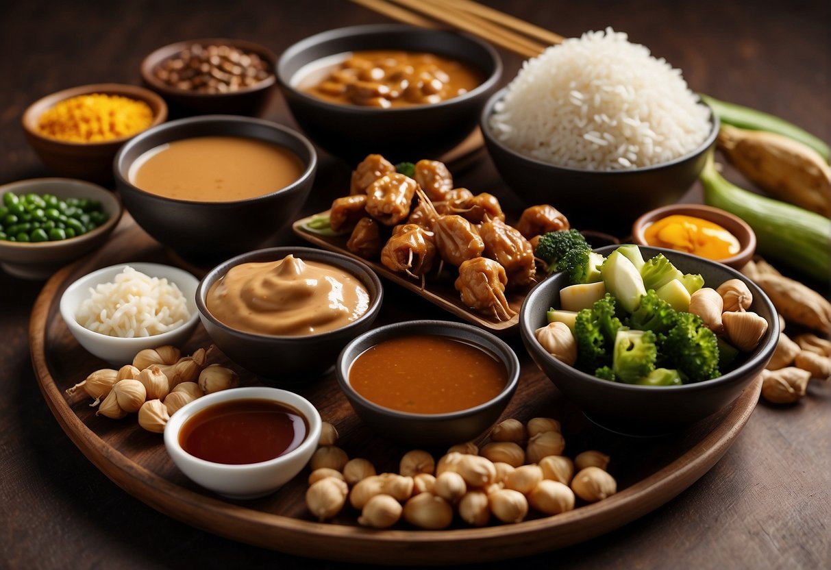 A table with various ingredients like peanut butter, soy sauce, garlic, and spices laid out next to a bowl of finished Chinese satay sauce