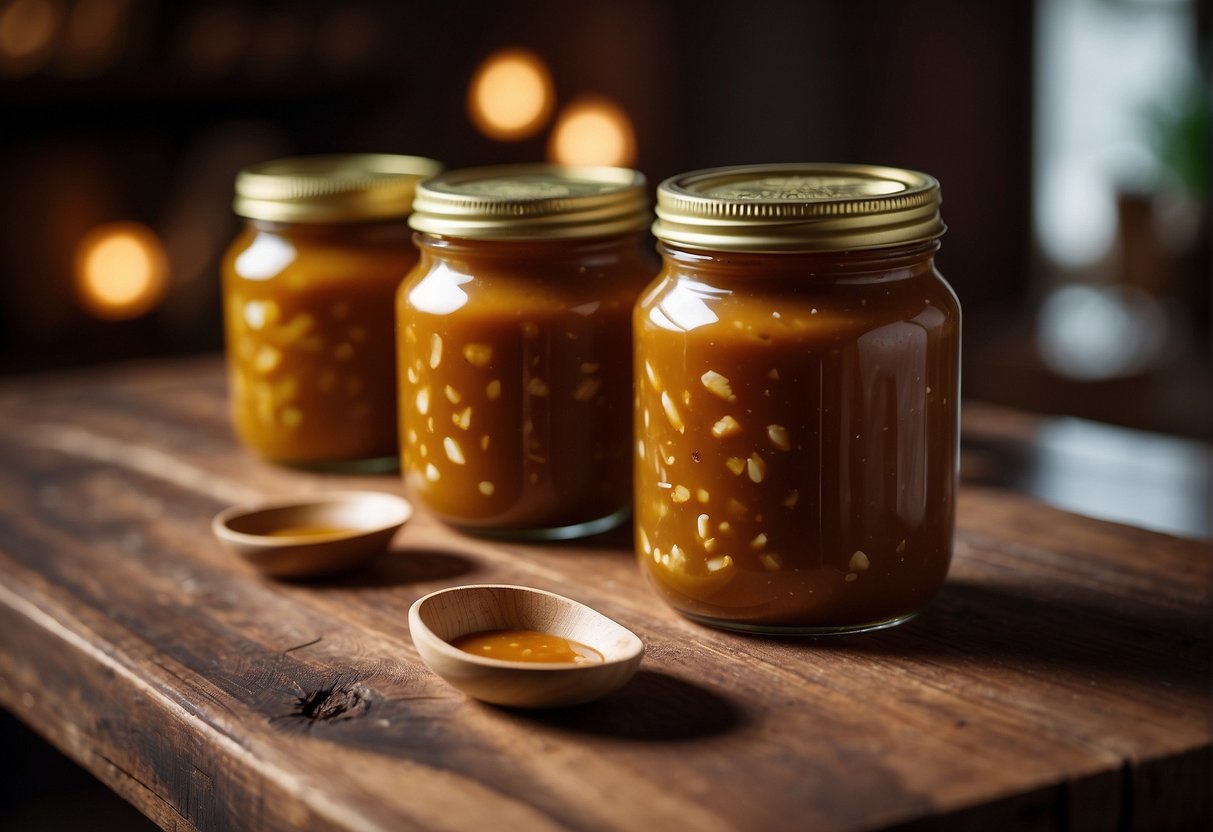 A glass jar filled with homemade Chinese satay sauce sits on a wooden shelf, sealed tightly with a lid to preserve its rich aroma and flavor