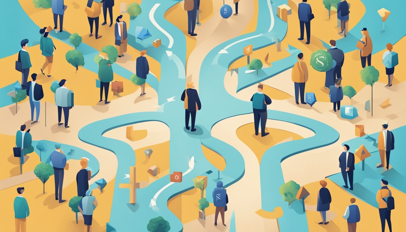 A person standing at a crossroads, with one path leading towards a successful career and the other towards a thriving business. The person is surrounded by symbols of personal branding, such as a logo, website, and social media icons