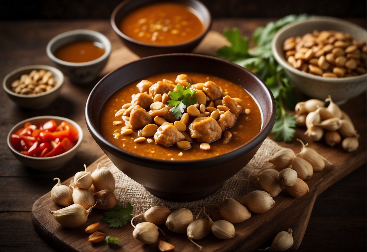 A bowl of Chinese satay sauce surrounded by ingredients like peanuts, soy sauce, garlic, and chili, with a recipe book open to the "Frequently Asked Questions" section