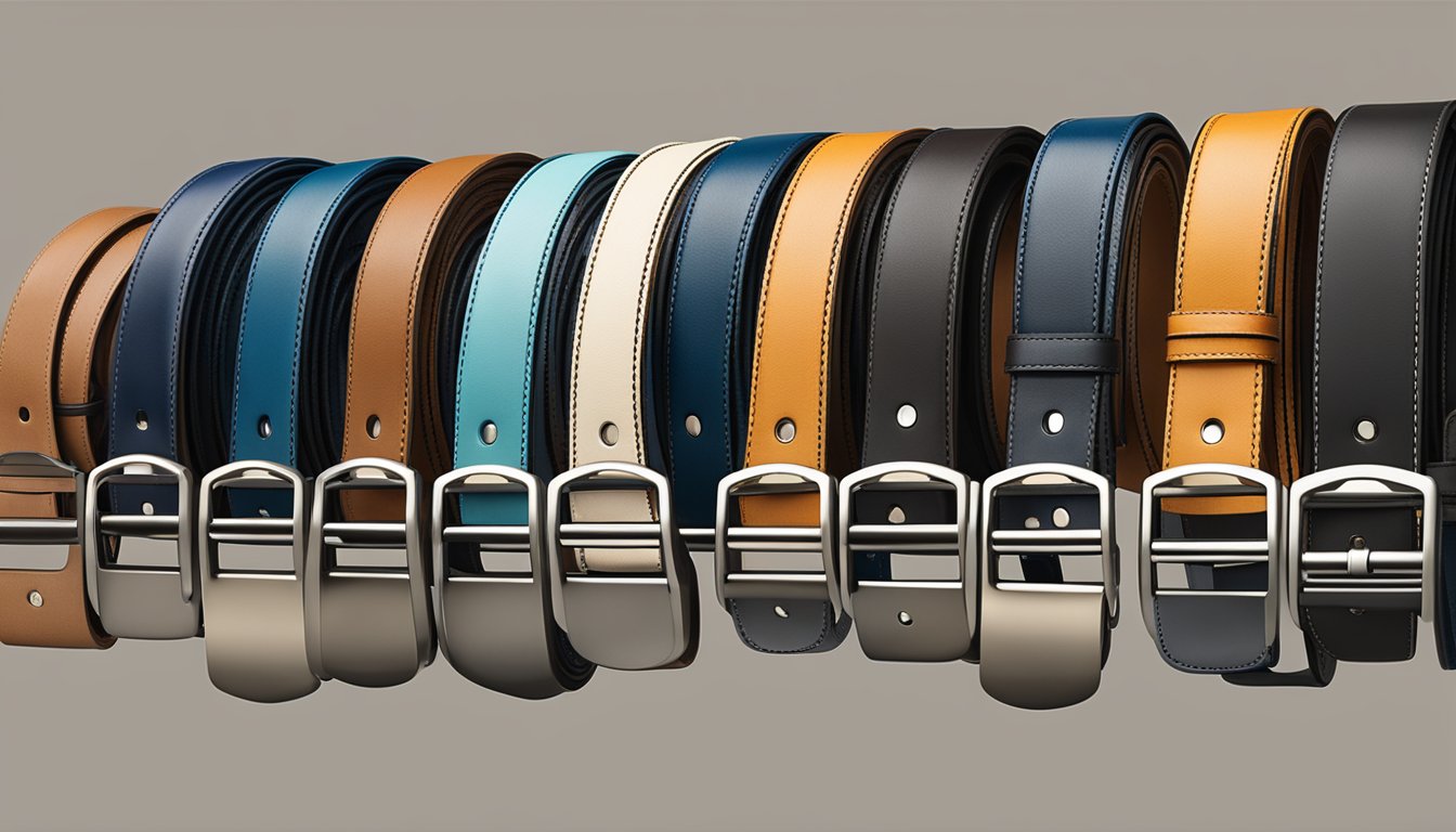 Several branded belts for men arranged in a neat row on a display rack. Each belt features a unique design and logo