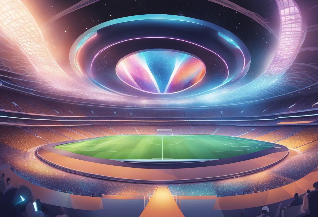 A futuristic stadium with holographic displays showcasing Mbappe's career highlights and potential future achievements