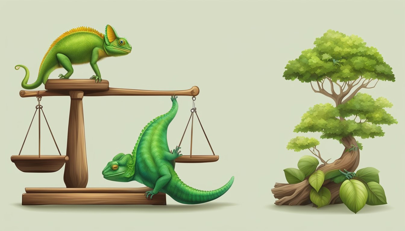 A scale with a rising arrow, a growing tree, and a chameleon changing color on a branch