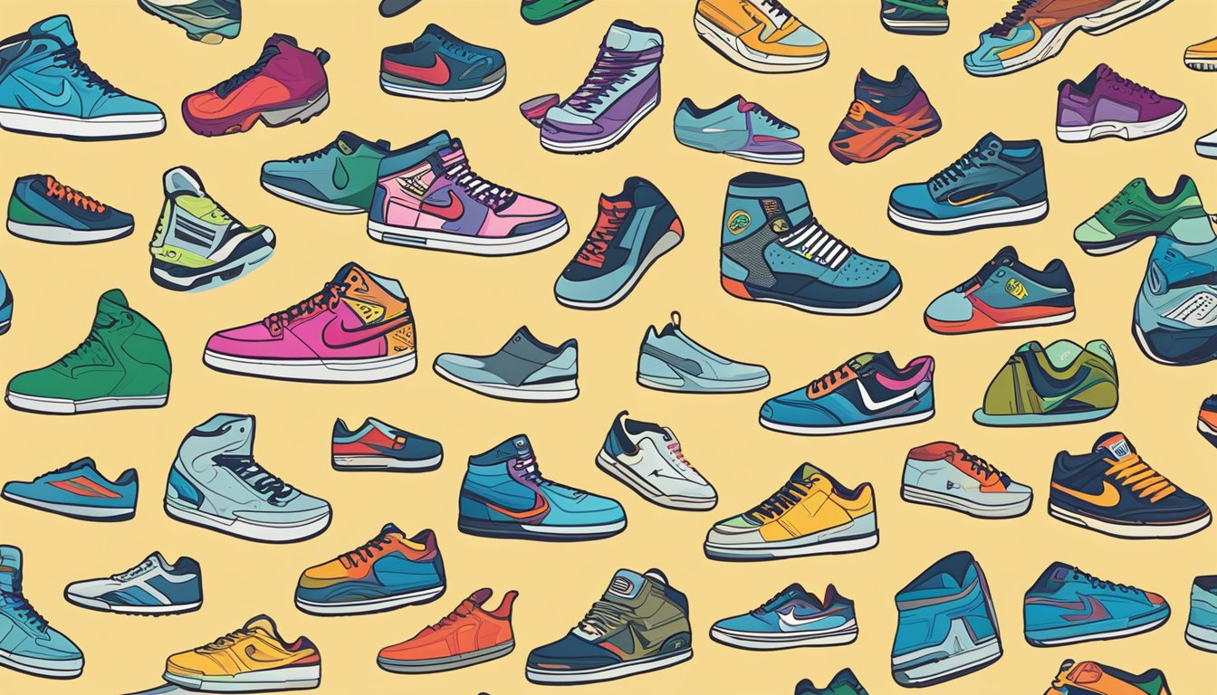 A colorful array of sneaker logos fill the page, with bold text reading "Frequently Asked Questions" above