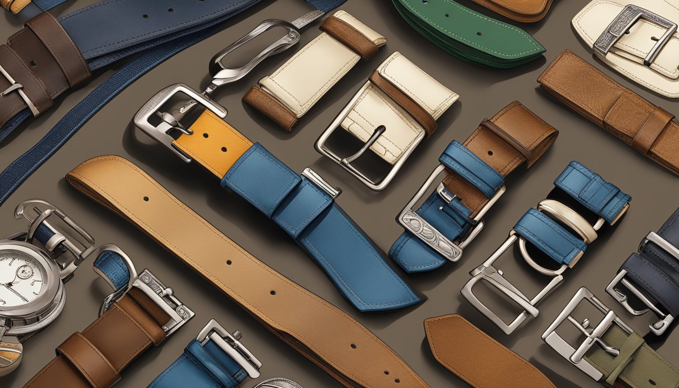 A table displaying various Materials and Craftsmanship branded mens belts, showcasing the different styles and materials used in their craftsmanship