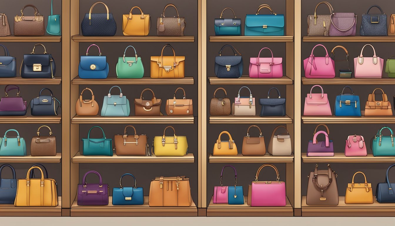 A display of various branded handbags neatly arranged on shelves, with spotlights highlighting their designs and features