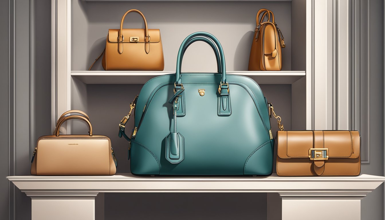 A woman's branded handbag sits on a clean, organized shelf. A soft, warm light illuminates the luxurious leather and polished hardware