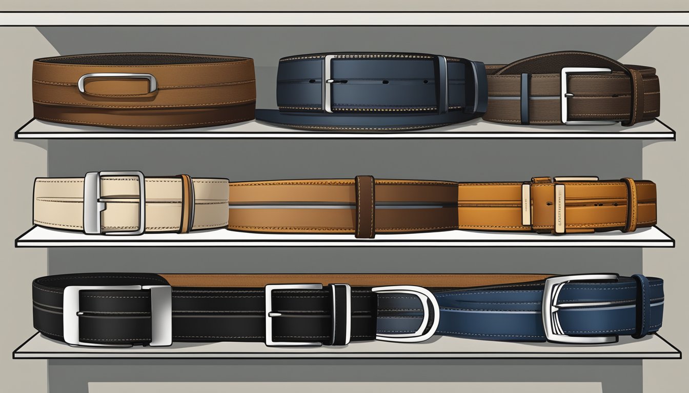 A collection of branded men's belts displayed on a sleek, modern shelf with labels indicating their various functions and types