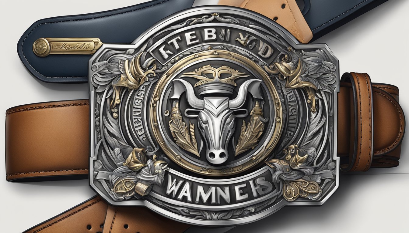 A belt buckle with the brand's logo is centered on a leather belt, surrounded by various accessories like watches, sunglasses, and wallets