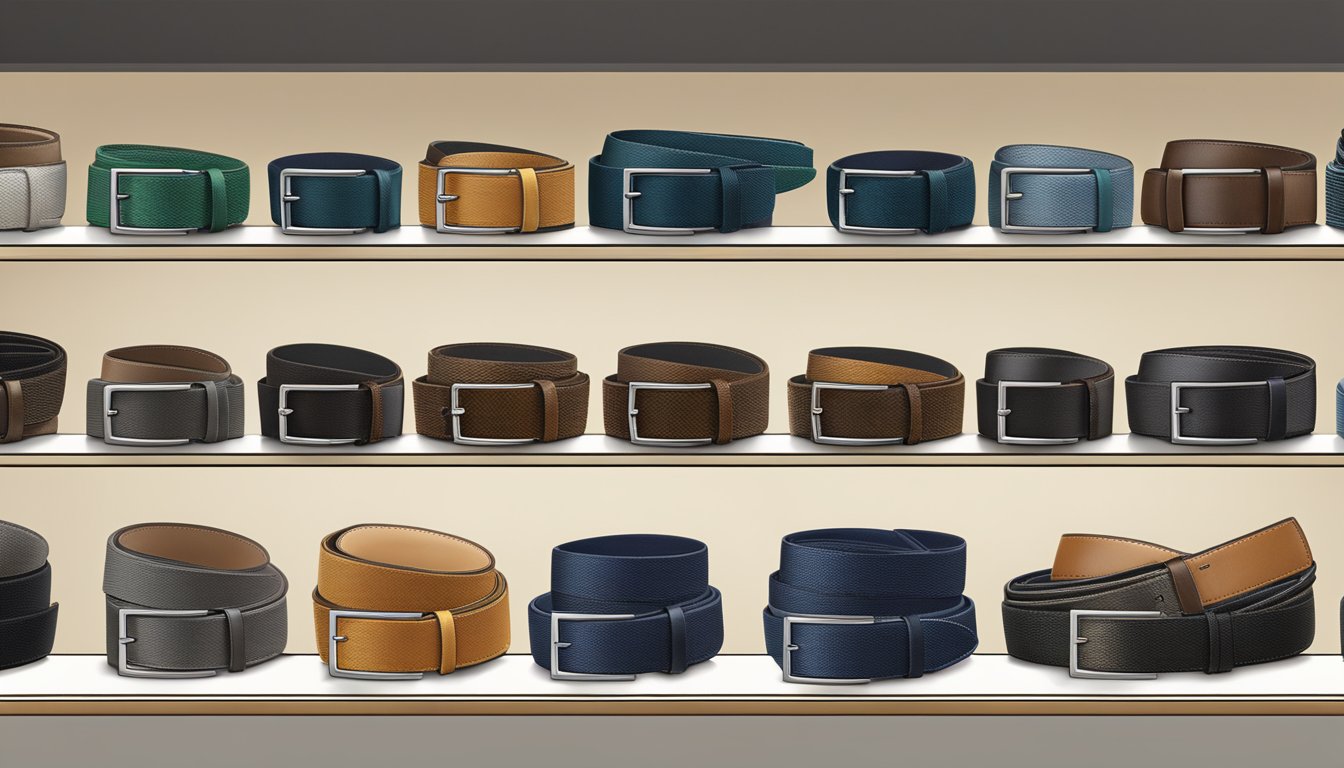 A display of various men's branded belts arranged on a sleek, modern shelf. The belts feature different colors, textures, and buckle designs, showcasing the latest trends in men's fashion